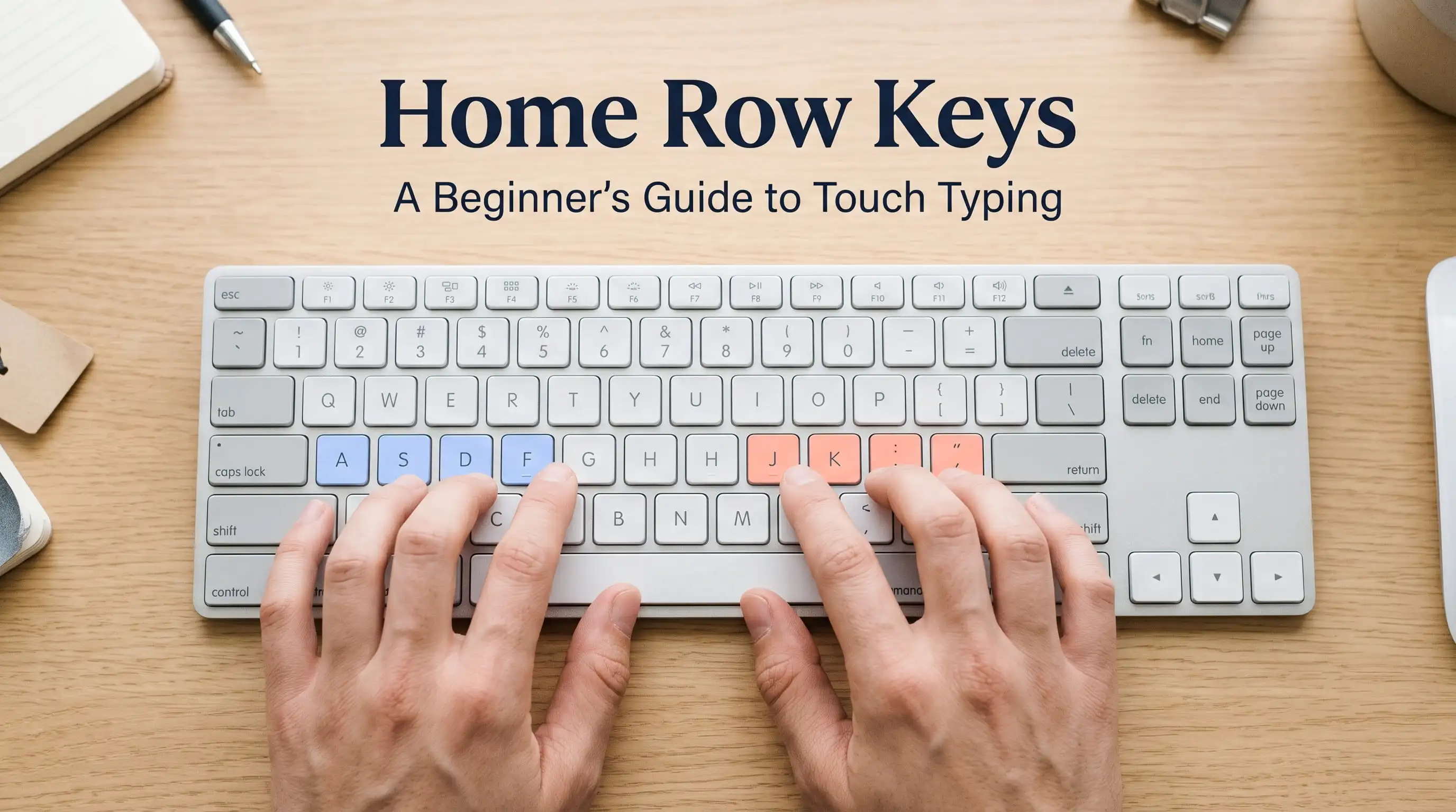 Hands resting on the home row keys of a keyboard